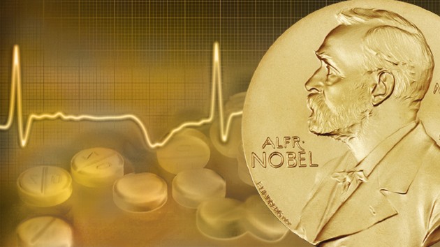 一枚诺贝尔奖奖牌，背景是药丸和心电图