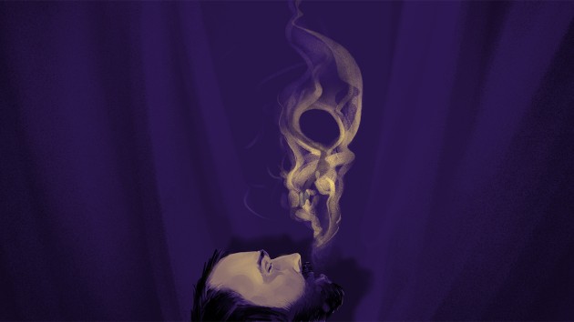  a beared man exhaling smoke which hovers above his face in the shape of a skull
