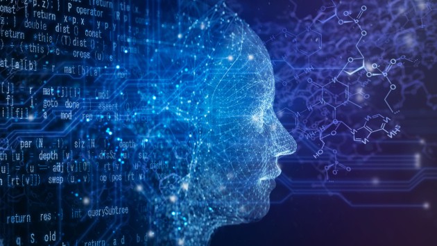 AI robot with circuit, chemical structure and program code on a black background.