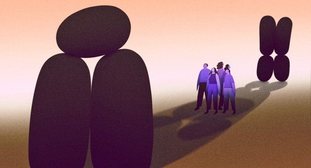 Stylised illustration showing a group of figures standing in the shadow of two large stone structures in the shape of chromosomes.