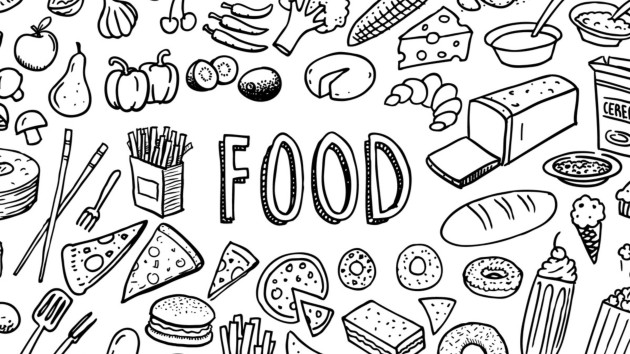 Black and white illustrated food with "FOOD" written in the middle