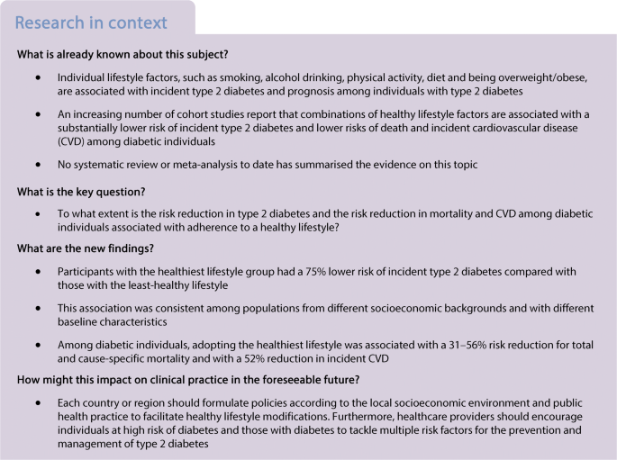 Combined lifestyle factors and risk of incident type 2 diabetes and  prognosis among individuals with type 2 diabetes: a systematic review and  meta-analysis of prospective cohort studies | SpringerLink