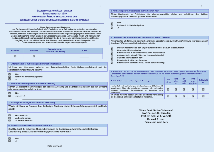 Befragung Von Medizinstudierenden Zu Der Arztlichen Aufklarung Und Zu Den Arztlichen Informationspflichten Sowie Zur Medizinrechtlichen Ausbildung Im Studium Springerlink