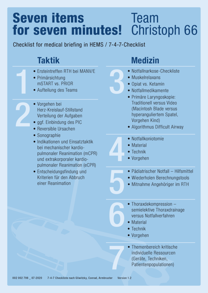 Sieben Punkte Fur Sieben Minuten Sieben Punkte Checkliste Fur Ein Medizinisches Briefing In Der Luftrettung 7 4 7 Checkliste Springerlink