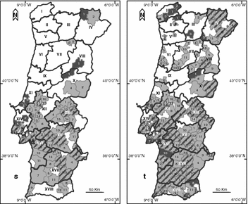 Mapa portugal com regiões e concelhos, distritos Stock Vector