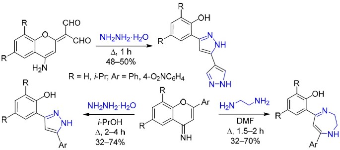 Reactions of 2Н(4Н)-chromenes with dinucleophiles: one-step synthesis of  2-(1H-(bi)pyrazol-3-yl)- and 2-(1,4(5)-(benzo)diazepin-4-yl)phenols |  SpringerLink