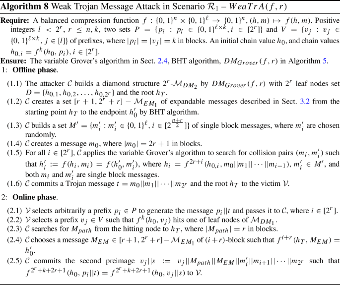 Quantum security of Trojan message attacks on MerkleDamgård hash