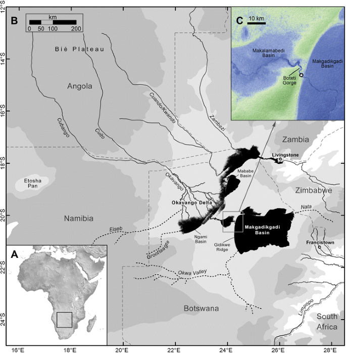 Paleolimnological features of a mega-lake phase in the Makgadikgadi Basin  (Kalahari, Botswana) during Marine Isotope Stage 5 inferred from diatoms |  SpringerLink