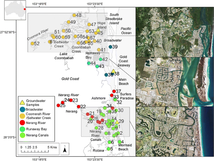 Map of the Coomera River estuary on the Gold Coast and its two adjacent