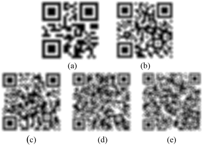 five blurry qr codes in different degrees of blurriness