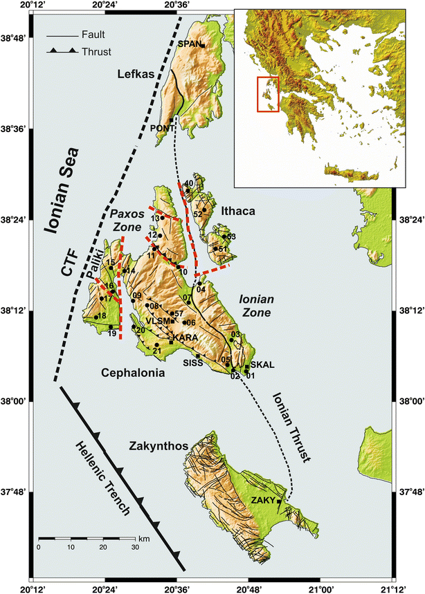 Ground deformation effects from the ~M6 earthquakes (2014–2015) on  Cephalonia–Ithaca Islands (Western Greece) deduced by GPS observations |  SpringerLink