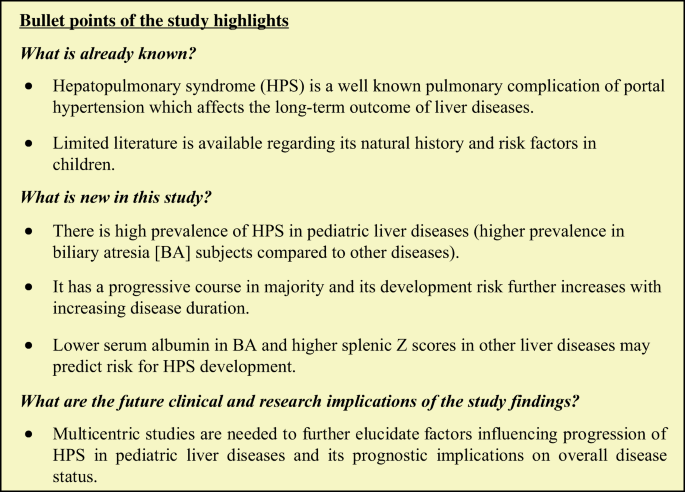 Natural History Risk Factors And Outcome Of Hepatopulmonary Syndrome In Pediatric Liver Diseases Springerlink