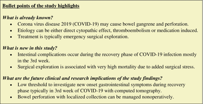 Gastrointestinal complications (gangrene or perforation) after corona virus  disease 2019 — A series of ten patients | SpringerLink
