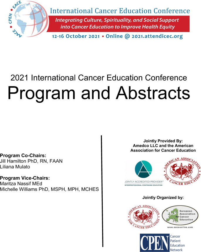 2021 International Cancer Education Conference Program and Abstracts |  SpringerLink