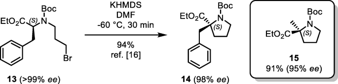 Enantiospecific cyclization of methyl  N-(tert-butoxycarbonyl)-N-(3-chloropropyl)-D-alaninate to 2-methylproline  derivative via 'memory of chirality' in flow | SpringerLink