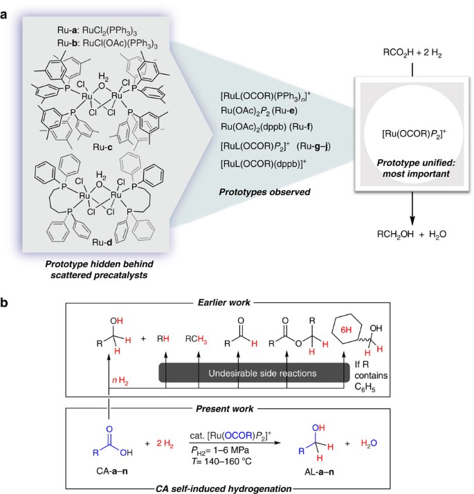 Cationic Mononuclear Ruthenium Carboxylates As Catalyst Prototypes For Self Induced Hydrogenation Of Carboxylic Acids Nature Communications