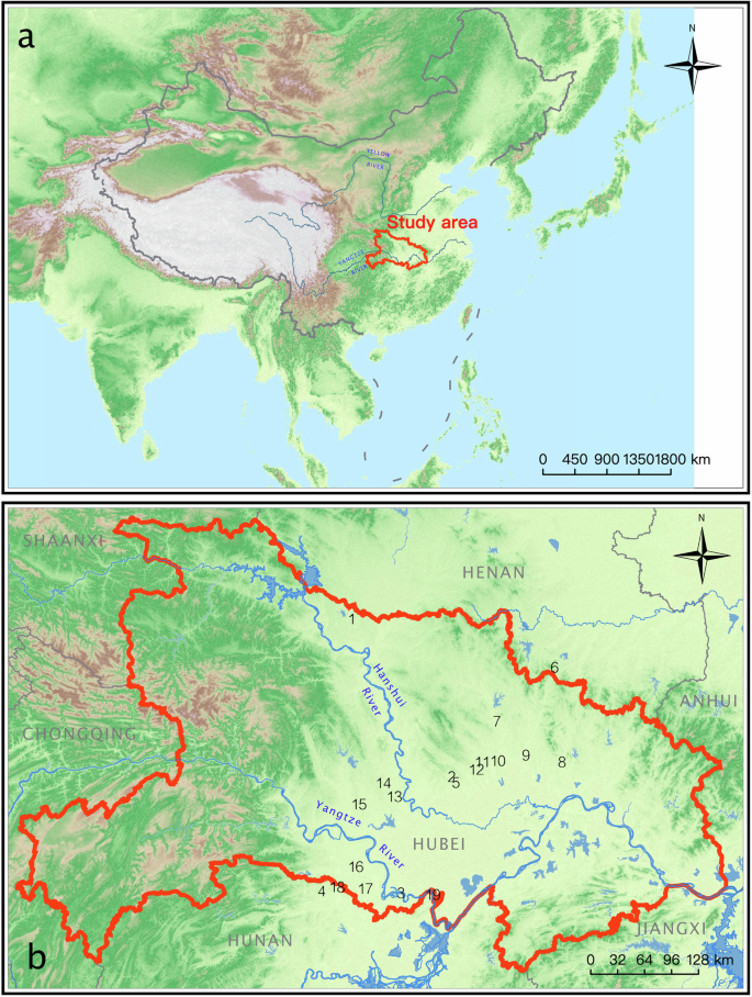 Fig. 1: Maps showing the study area and geographic locations of Neolithic walled towns in the middle Yangtze River valley of China.