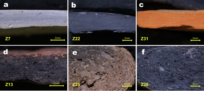 Fig. 4: Microscopic structures of the cross-section of selected pottery.