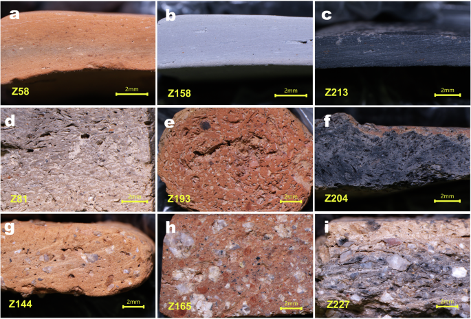 Fig. 5: Microscopic structures of the cross-section of selected pottery.