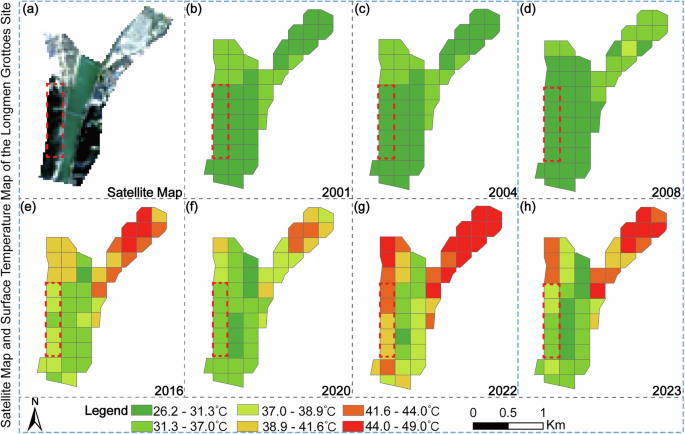 Fig. 10: Satellite image and land surface temperature map of the Longmen Grottoes area.
