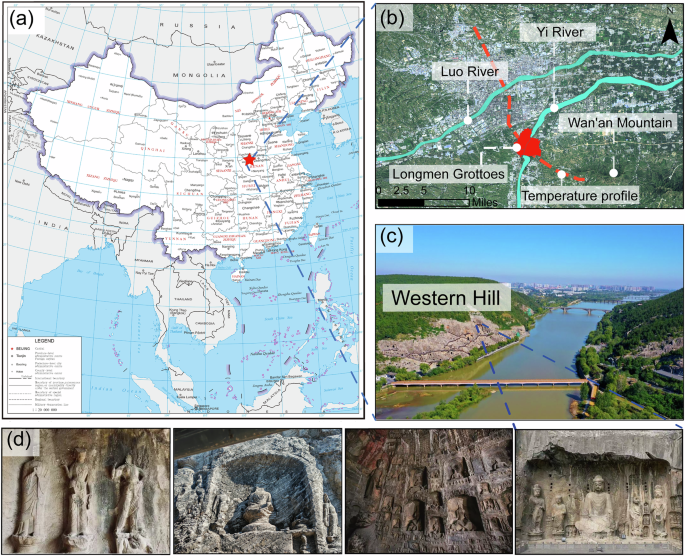 Fig. 3: Location of the research object: sitemap and sample areas of the Longmen Grottoes archaeological area.