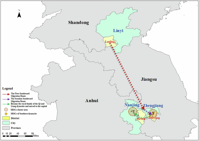 Fig. 12: Map of the migration routes of the Xiao family and the distribution of their SRSCs.