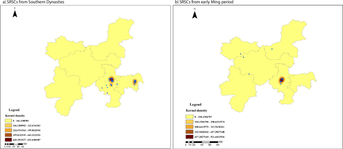 Fig. 6: Kernel density map of SRSCs from Southern dynasties and early Ming period.