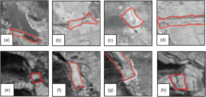 Fig. 3: Ancient dams and some confusing features stroked by red line on 1969 CORONA KH-4B satellite images.