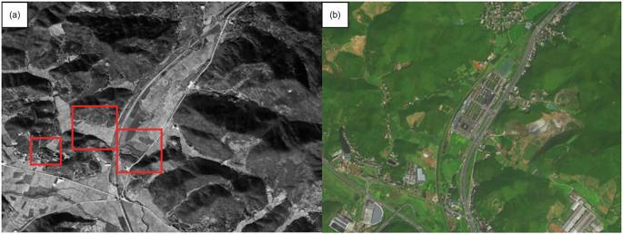 Fig. 4: Historical and contemporary remote sensing satellite imageries acquired in the same ancient dam locations in Liangzhu.