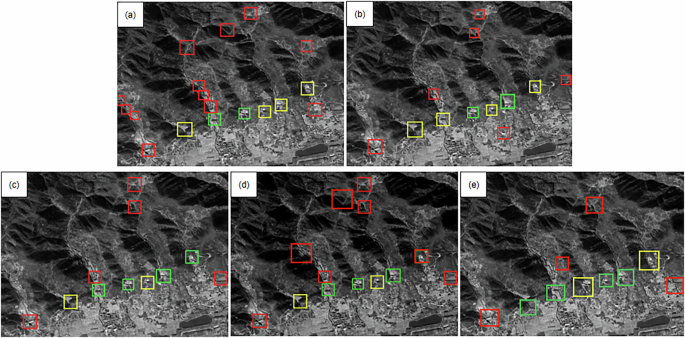 Fig. 9: Four different model performance of dam detective (green: correct detection; red: wrong detection; yellow: missed detection).