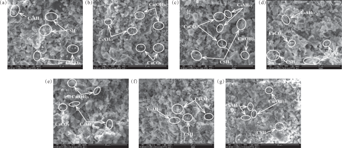 Fig. 13: SEM images of grout concretion specimens at 28 days.