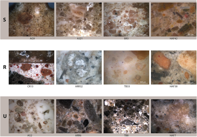 Fig. 6: Some of the mortar samples from the Carthage aqueduct, observed in cross-section, by OM.