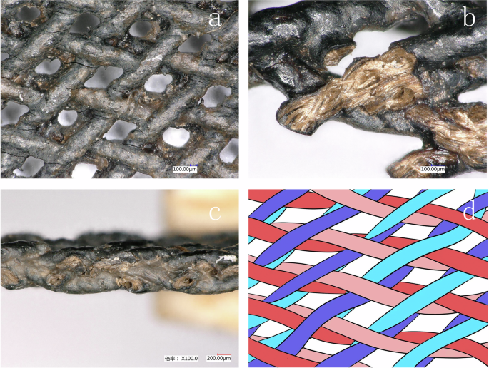 Fig. 2: Microscope images of the lacquered gauze surface morphology and weaving structure.
