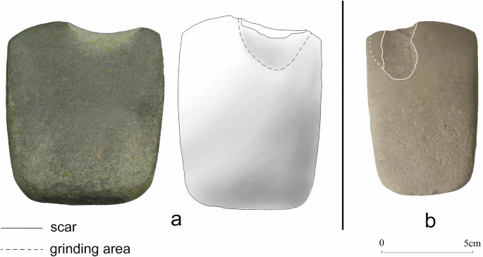 Fig. 16: Attempted repairs on polished bevelled stone tools.
