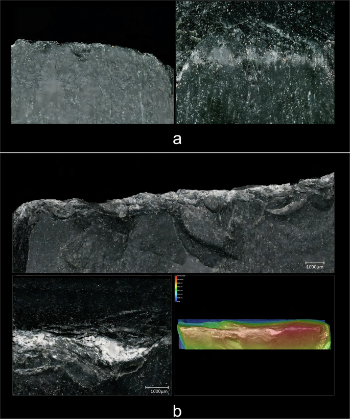 Fig. 8: Use-wear on two experimental replicas of woodworking.