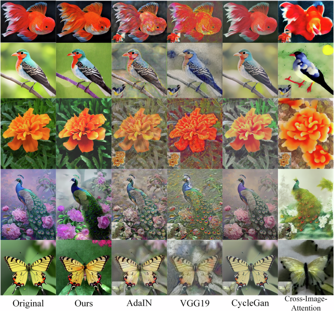 Fig. 13: Comparison of the Cantonese embroidery artistic style images generated by our method versus four other style simulation networks (VGG19, CycleGAN, AdaIN, and Cross-Image-Attention).