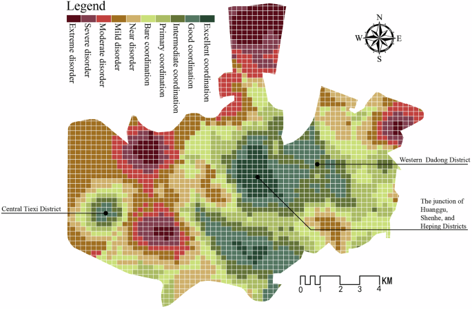 Fig. 6: Spatial distribution characteristics of the coupled coordination of Shenyang’s industrial history spaces.