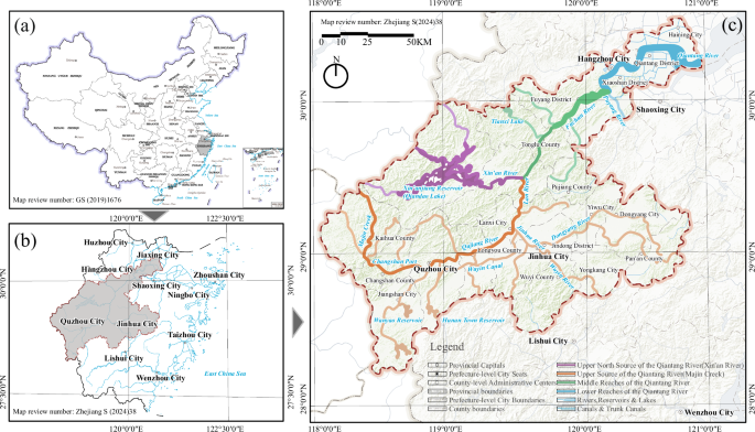 Fig. 1: Study extent and environment of the upper, middle and lower reaches of the Qiantang River Poetry Road.