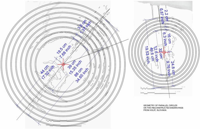 Fig. 9: Analysis of the geometry of parallel circles on two engravings performed in the programme AutoCAD.