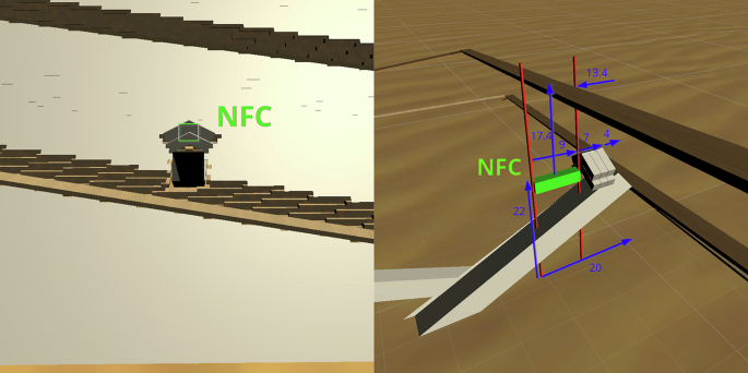 Two-panel diagram of the modeled Integrated Edge Ramp haulage lane against the North Face Corridor of the Great Pyramid; the corridor appears as a green volume and the predicted haul lane as a brown track