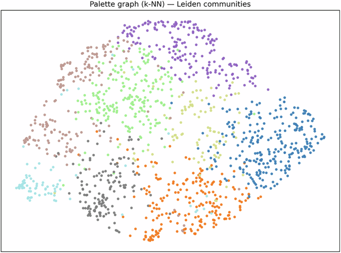 Fig. 19: Palette graph (k-NN) with Leiden community detection.