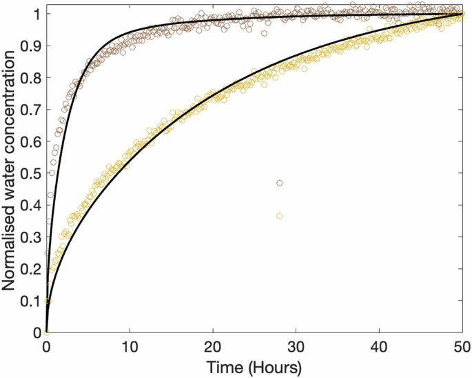 Fig. 4: Normalised sorption profiles of wax-resin impregnated and non-impregnated bilayer for RH step 30 to 40%.