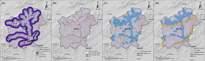 Fig. 17: Spatial coupling relationships between defense corridors, post roads, and the Great Wall System in Yuxian.