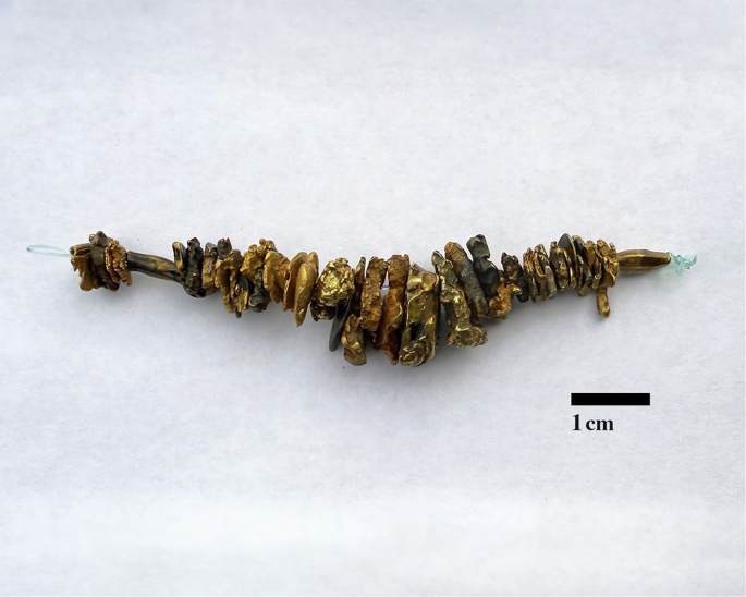 Fig. 3: Perforated gold nuggets, beads and cast fragments.