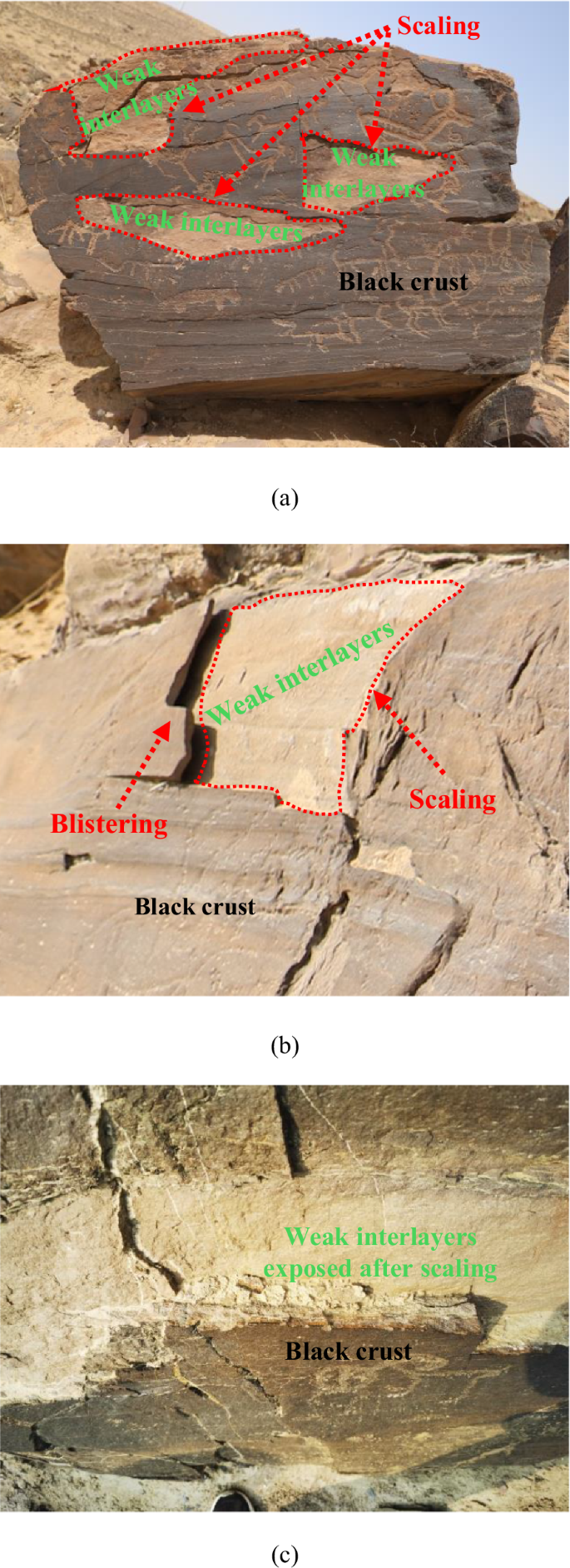 Fig. 3: Scaling and blistering on petroglyph-bearing rock surfaces.