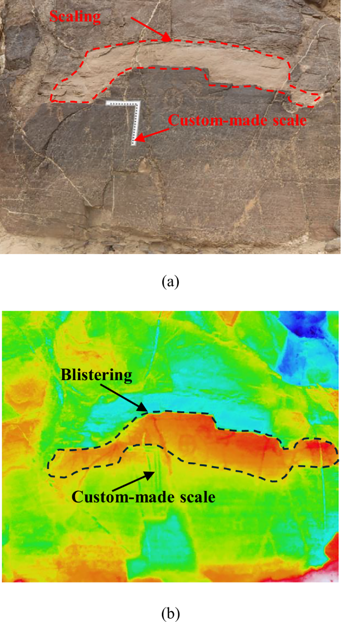 Fig. 6: Investigation of scaling and blistering on petroglyph-bearing rock surfaces.
