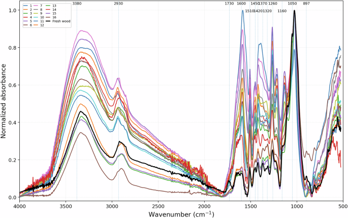 Fig. 5: Normalised FTIR spectra of archaeological wood samples.