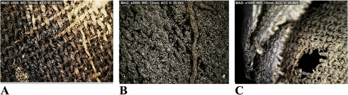Fig. 4: Optical microscopy of linen textile deterioration.