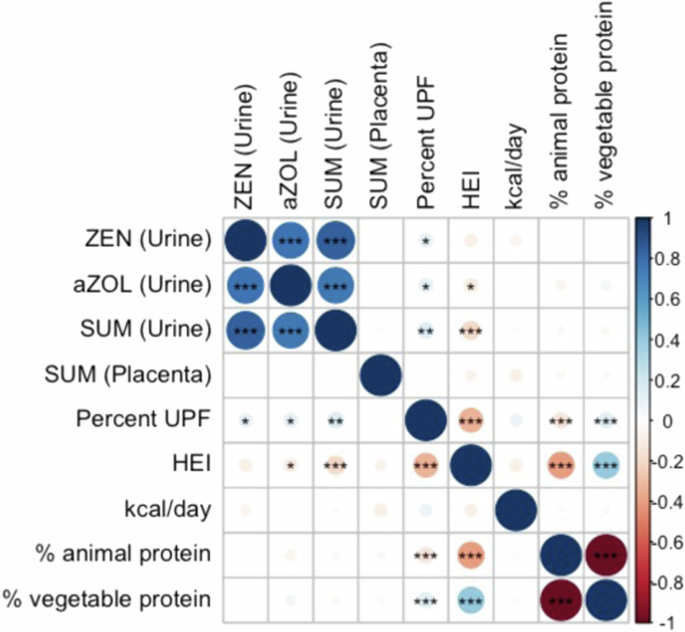 Fig. 1: Spearman correlation between log-transformed mycoestrogen concentration in urine (ng/ml) and placenta (ng/g) and dietary parameters in the UPSIDE cohort.