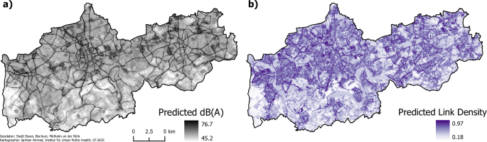 Fig. 3: Predicted sound maps for LAeq and Link Density.